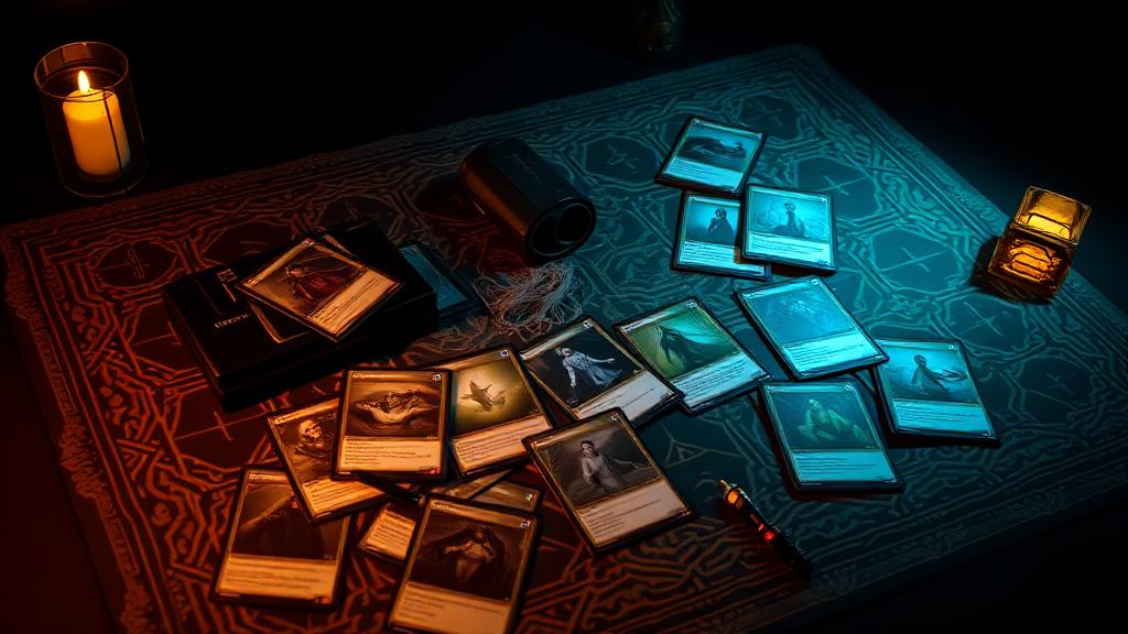 Custom playmat for Magic the Gathering and trading card games with dramatic lighting
