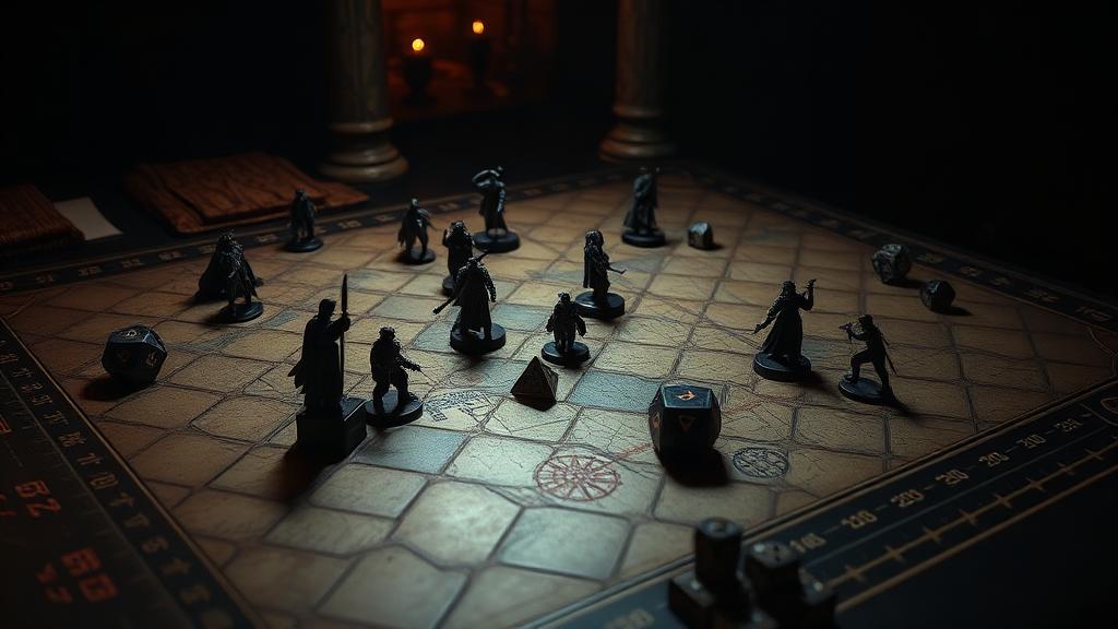 Custom RPG game map for Dungeons and Dragons with miniatures and dice