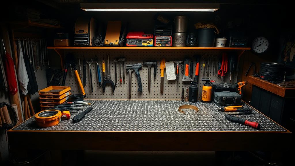 Custom workshop mat for tool bench with professional organization